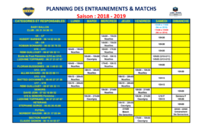 Planning Entrainement & Match avec l'Organigramme Technique 2018 - 2019 