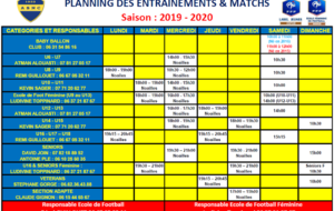 PLANNING HORAIRES DES ENTRAINEMENTS &amp; MATCHS 2019 - 2020 !