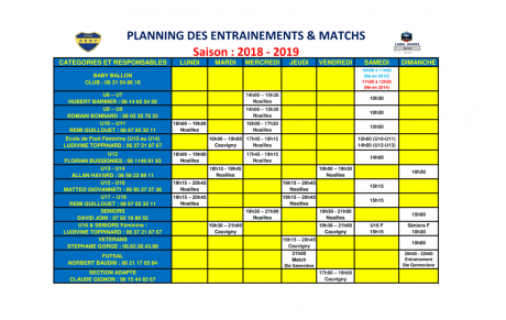 Planning Entrainement &amp; Match avec l'Organigramme Technique 2018 - 2019 