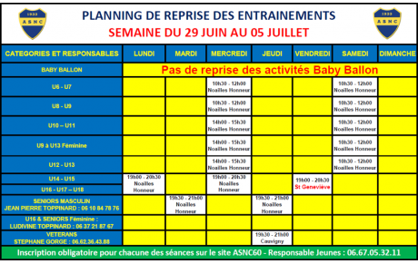 PLANNING ENTRAÎNEMENT DU 29 JUIN AU 05 JUILLET